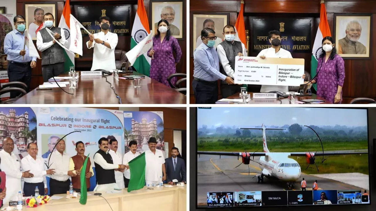 नागरिक विमानन मंत्री ज्योतिरादित्य सिंधिया ने बिलासपुर से इंदौर के बीच सीधी उड़ान सेवा का उद्घाटन किया